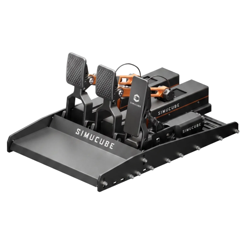 Zestaw 3 pedałów Simucube ActivePedal Ultimate x2 oraz Co-Pedal zamontowany na płycie montażowej Baseplate