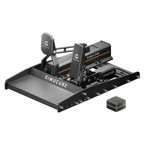Pedały Simucube ActivePedal Pro i Co-Pedal zamontowane na dedykowanej płycie Baseplate z modułem Link Hub