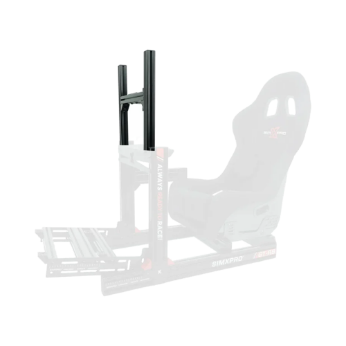 Czarny uchwyt monitora SimXPro GT-RS zamontowany bezpośrednio na aluminiowym kokpicie simracingowym, prezentujący solidną konstrukcję z profili.