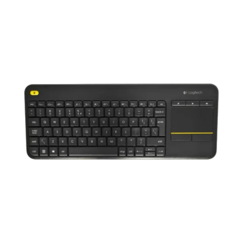 Płaski widok z góry na całą klawiaturę bezprzewodową Logitech K400 Plus z panelem dotykowym, prezentujący jej układ klawiszy.