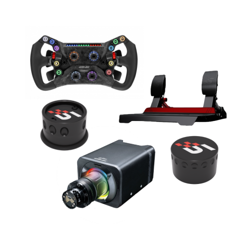 Zdjęcie obrazujące zestaw produktów marki Simagic, który składa się z GT NEO, Alpha Evo Sport oraz Pedałów P700