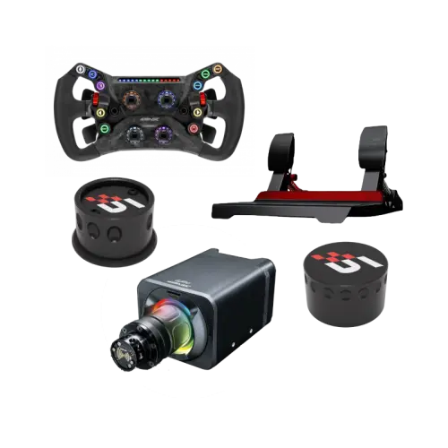 Zdjęcie obrazujące zestaw produktów marki Simagic, który składa się z GT NEO, Alpha Evo Sport oraz Pedałów P700