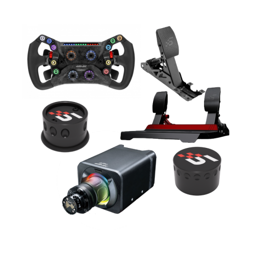 Zdjęcie obrazujące zestaw produktów marki Simagic, który składa się z GT NEO, Alpha Evo Sport oraz Pedałów P700 wraz ze sprzęgłem
