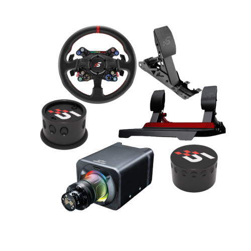 Zdjęcie obrazujące zestaw produktów marki Simagic, który składa się z NEOx330R , Alpha Evo Sport oraz Pedałów P700 wraz ze sprzęgłem C-P700