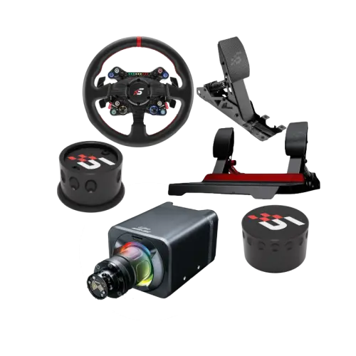 Zdjęcie obrazujące zestaw produktów marki Simagic, który składa się z NEOx330R , Alpha Evo Sport oraz Pedałów P700 wraz ze sprzęgłem C-P700