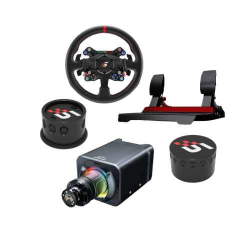 Zdjęcie obrazujące zestaw produktów marki Simagic, który składa się z NEOx330R , Alpha Evo Sport oraz Pedałów P700