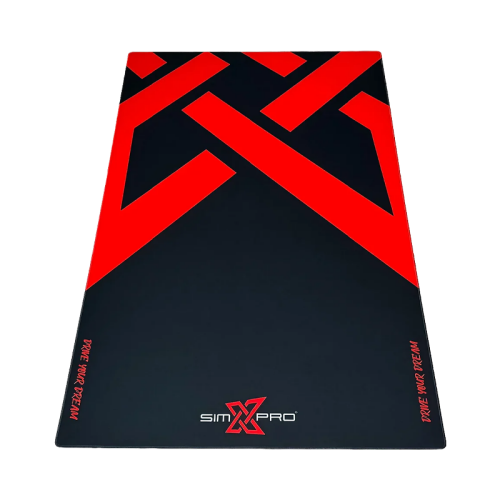 Czarna mata pod symulator SimXPro, model X WING z centralnym czerwonym symbolem przypominającym skrzydła, widok z góry