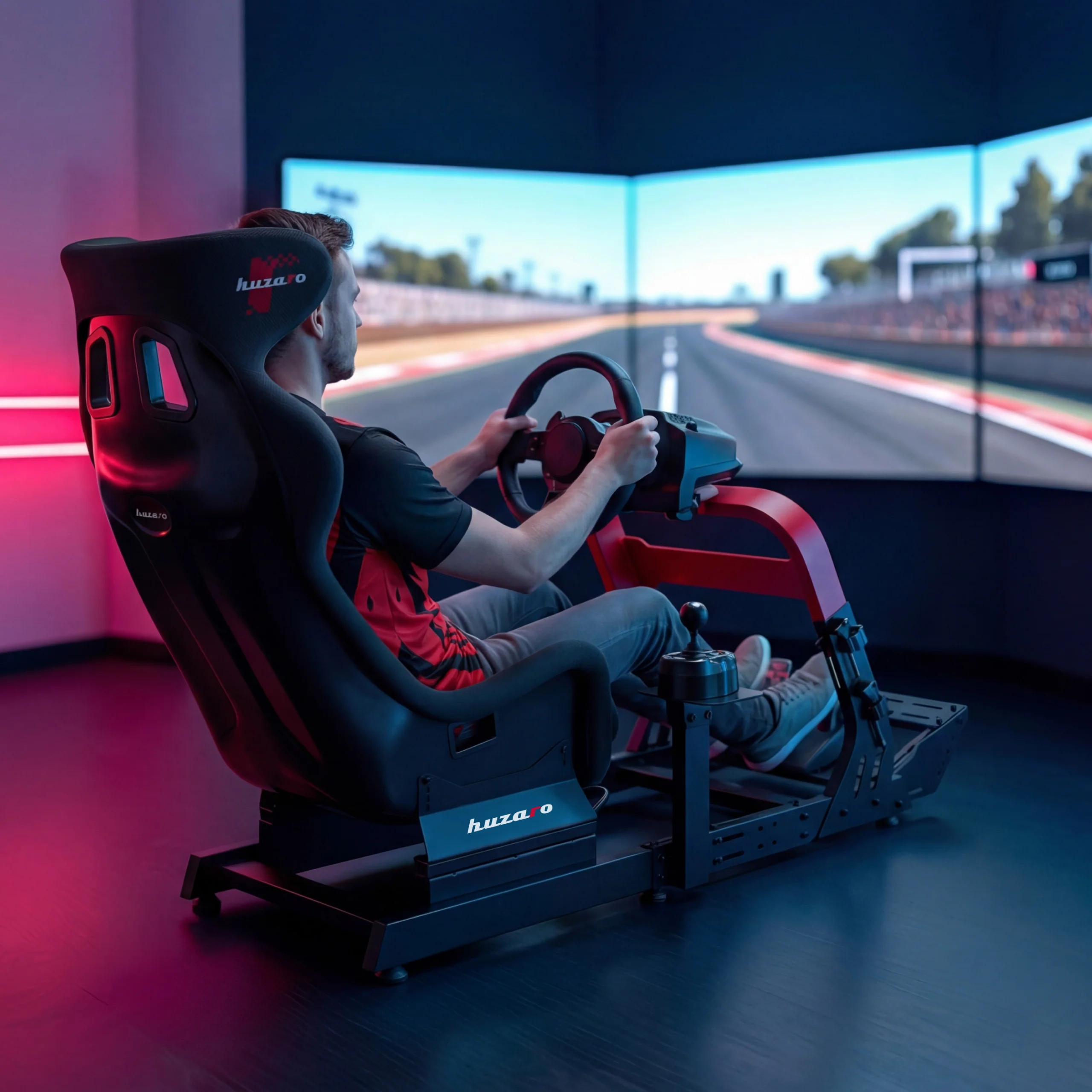 Stelaż Huzaro Speed 8.3 widok w otoczeniu monitorów oraz kierowcy widok od tylu
