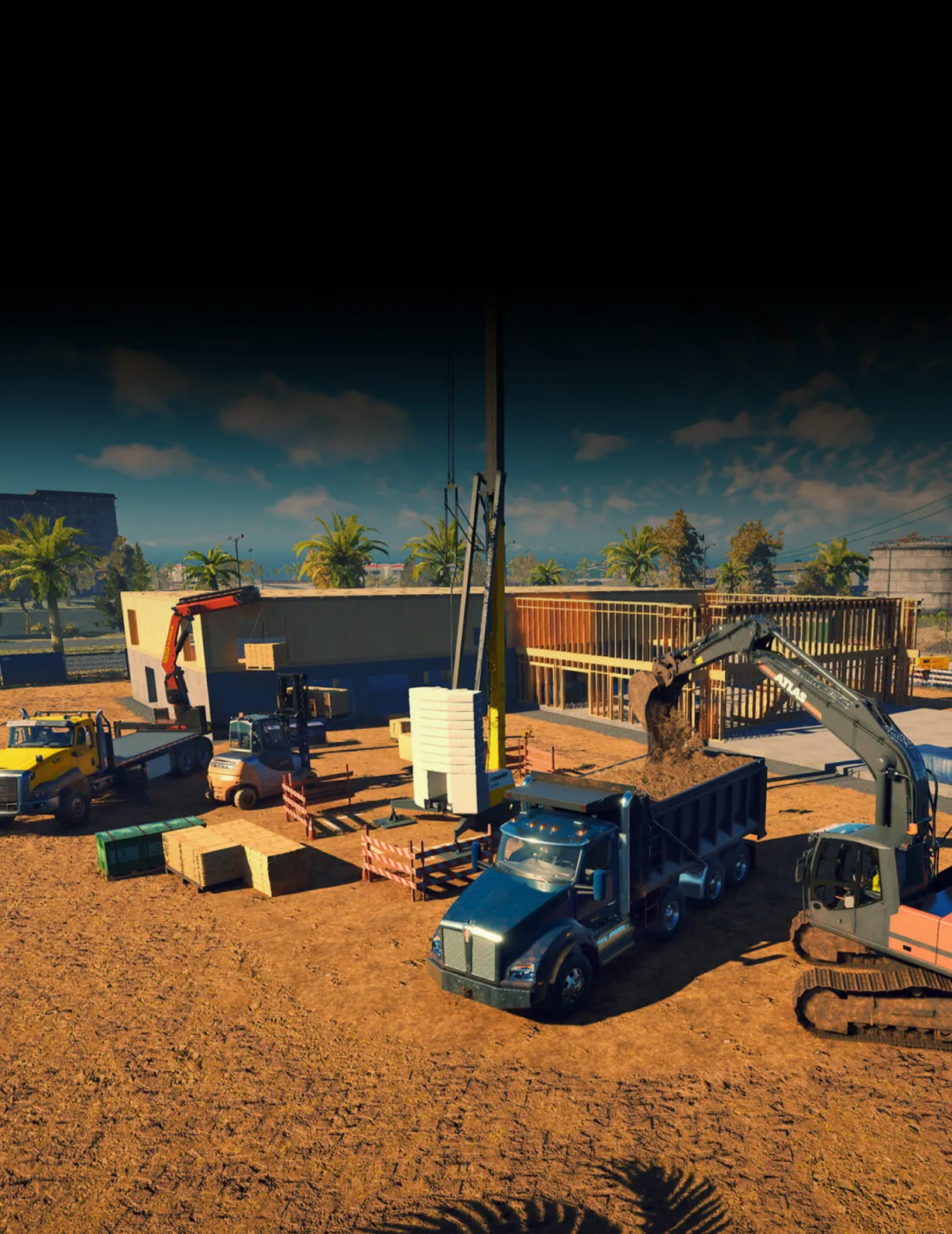 Scena z gry Construction Simulator, pokazująca sprzęt budowlany idealny do sterowania za pomocą panelu MOZA FCS.