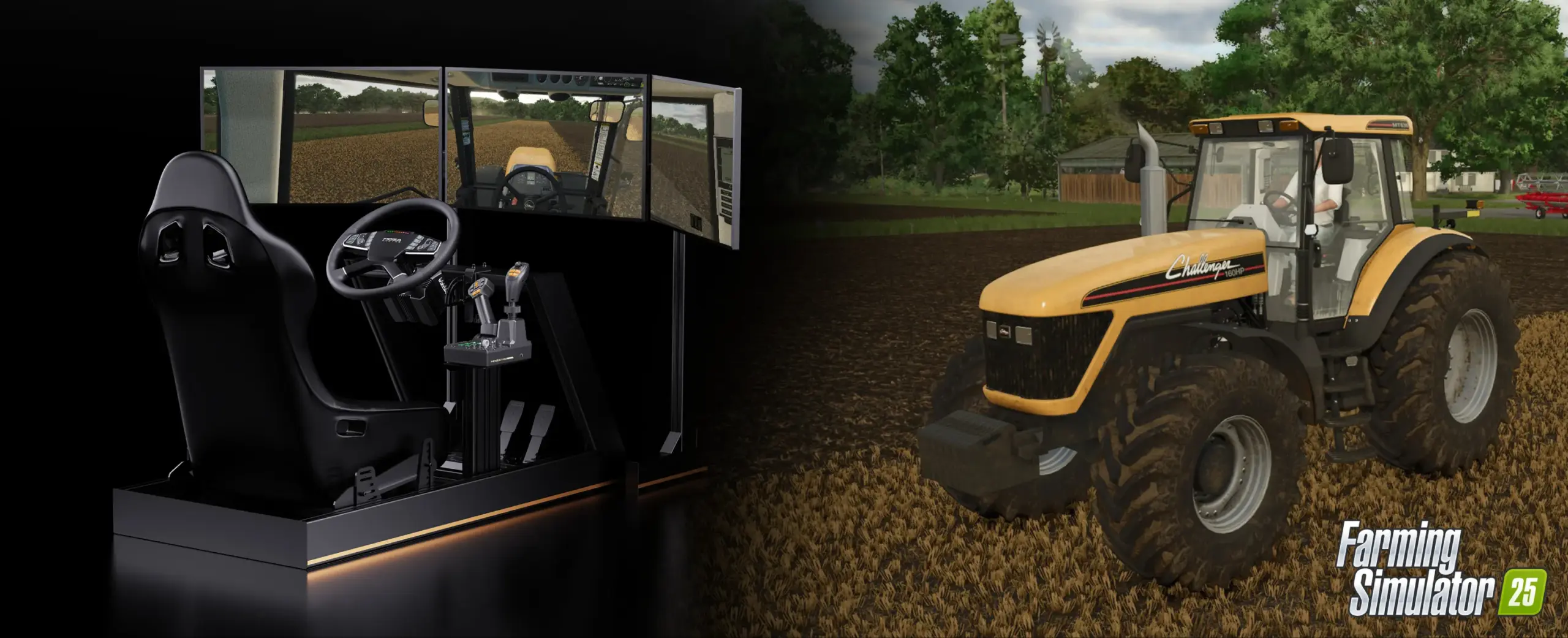 Kompletny stelaż symulacyjny z systemem MOZA FCS i trzema monitorami obok żółtego ciągnika w grze Farming Simulator 25.