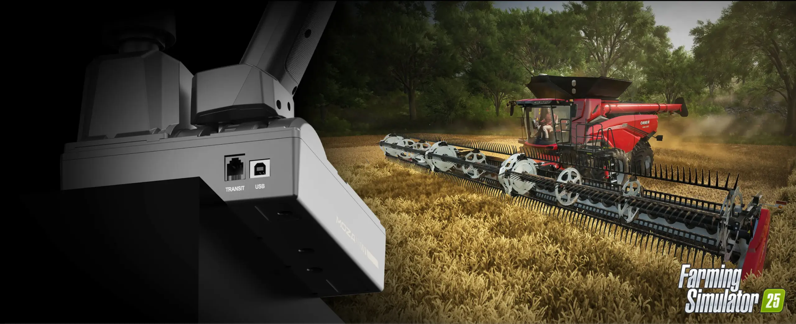 Zbliżenie na porty USB i Transit z tyłu bazy kontrolera MOZA FCS oraz czerwony kombajn podczas żniw w Farming Simulator 25.