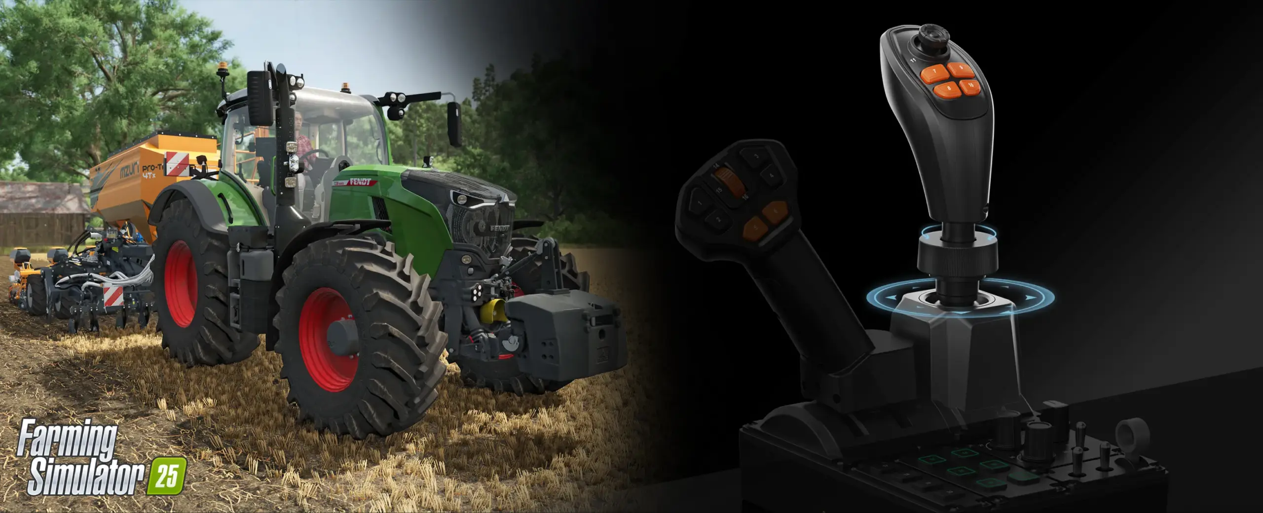 Zielony traktor pracujący w polu w Farming Simulator 25 oraz grafika pokazująca swobodę obrotu i osie dżojstika MOZA FCS.