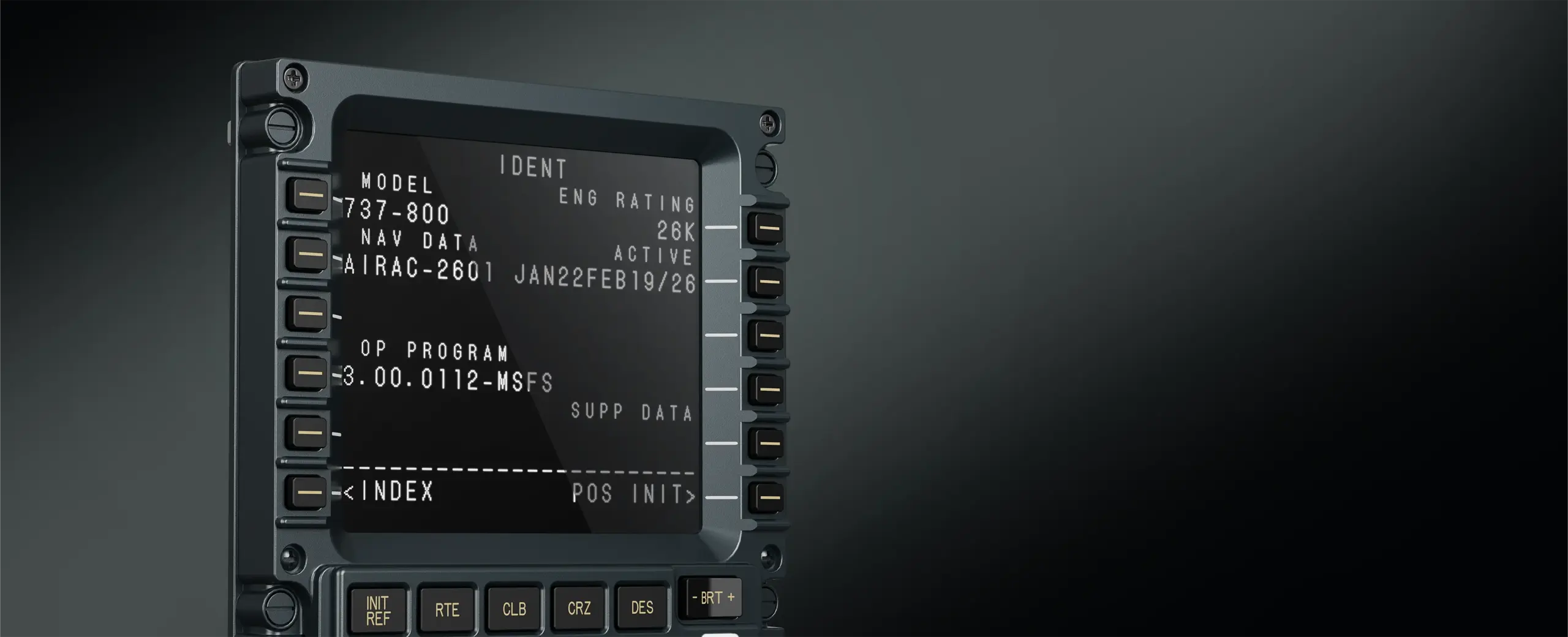 Zbliżenie na ekran panelu MOZA MB7F FCD wyświetlający dane nawigacyjne B737-800.
