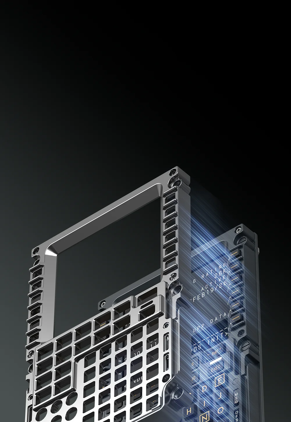 Aluminiowa obudowa CNC przedstawiająca wewnętrzną, modułową konstrukcję panelu MOZA MB7F FCD.