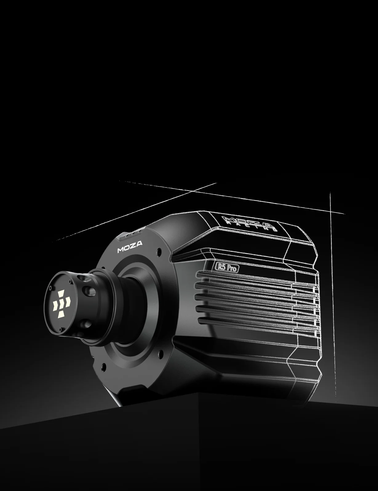 Model techniczny CAD obudowy bazy MOZA R5 Pro prezentujący jej konstrukcję i wymiary