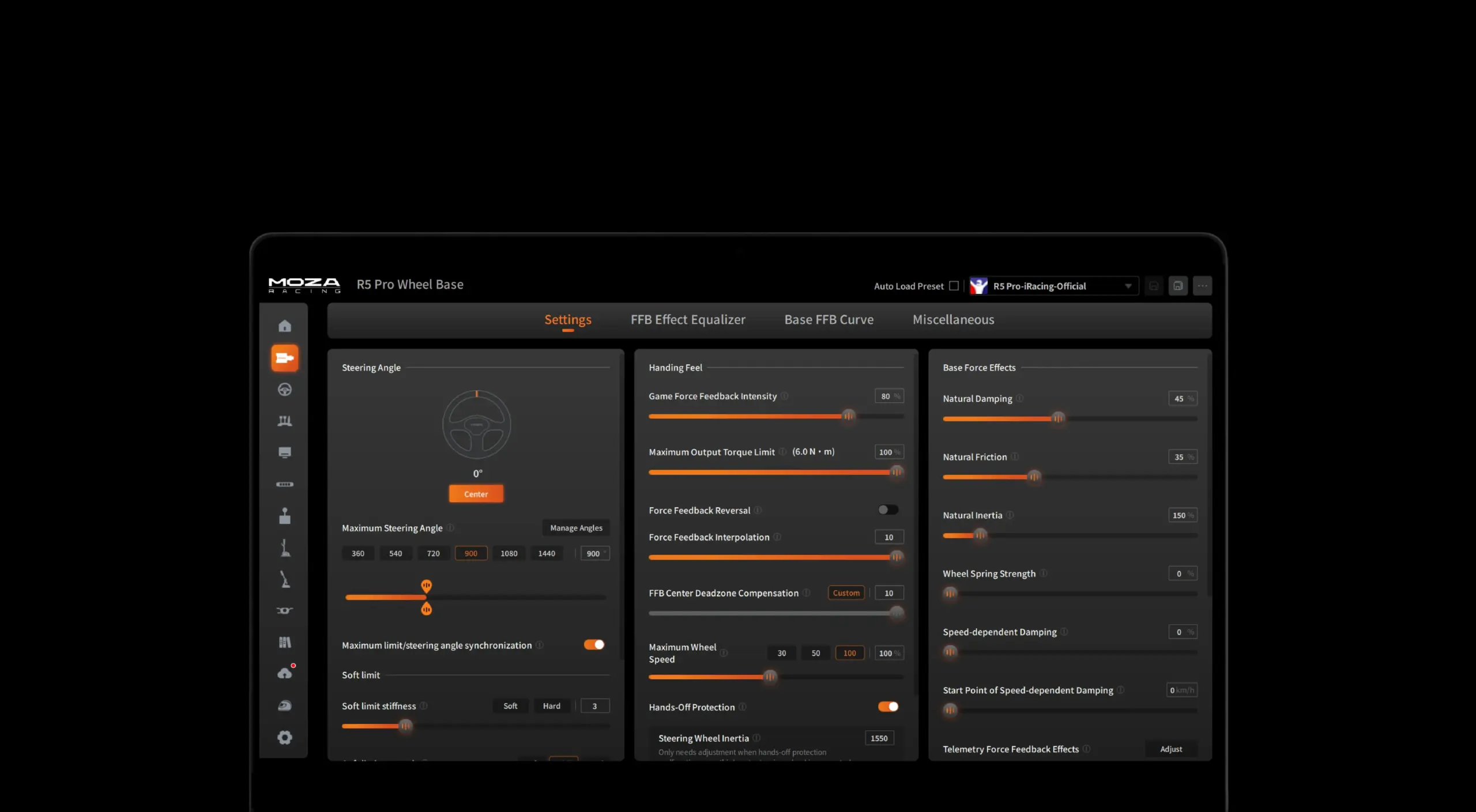 Panel zaawansowanej konfiguracji parametrów Force Feedback w oprogramowaniu MOZA Pit House dla bazy R5 Pro