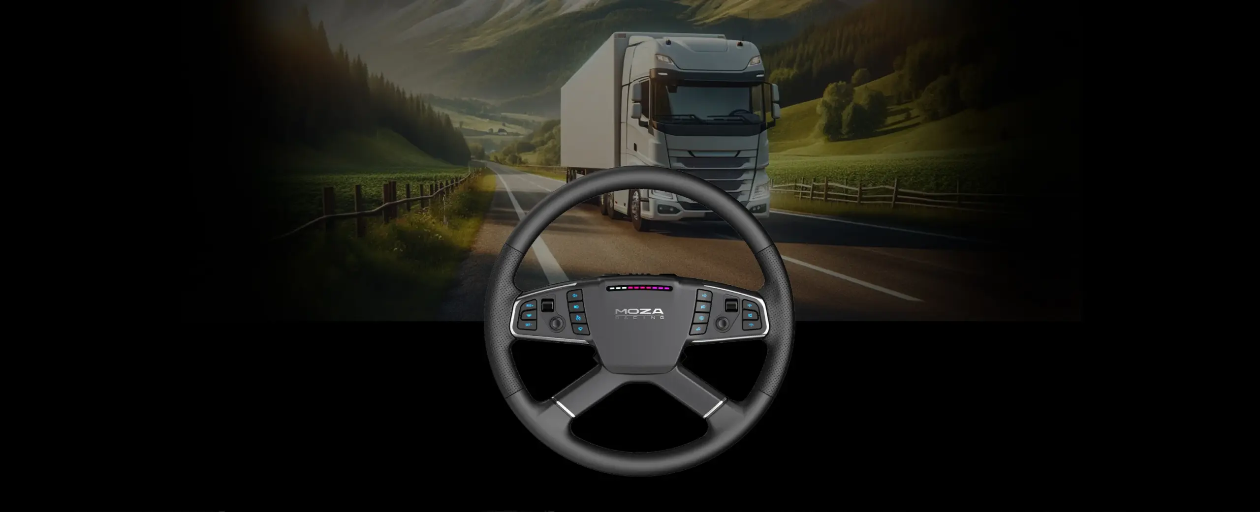 Kierownica MOZA TSW przeznaczona do symulatorów Euro Truck Simulator na tle ciężarówki w trasie górskiej
