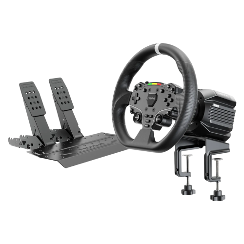 Kompletny zestaw simracingowy MOZA R5 Pro Bundle zawierający bazę Direct Drive, kierownicę ES Lite, pedały SRP2 Lite oraz zacisk biurkowy