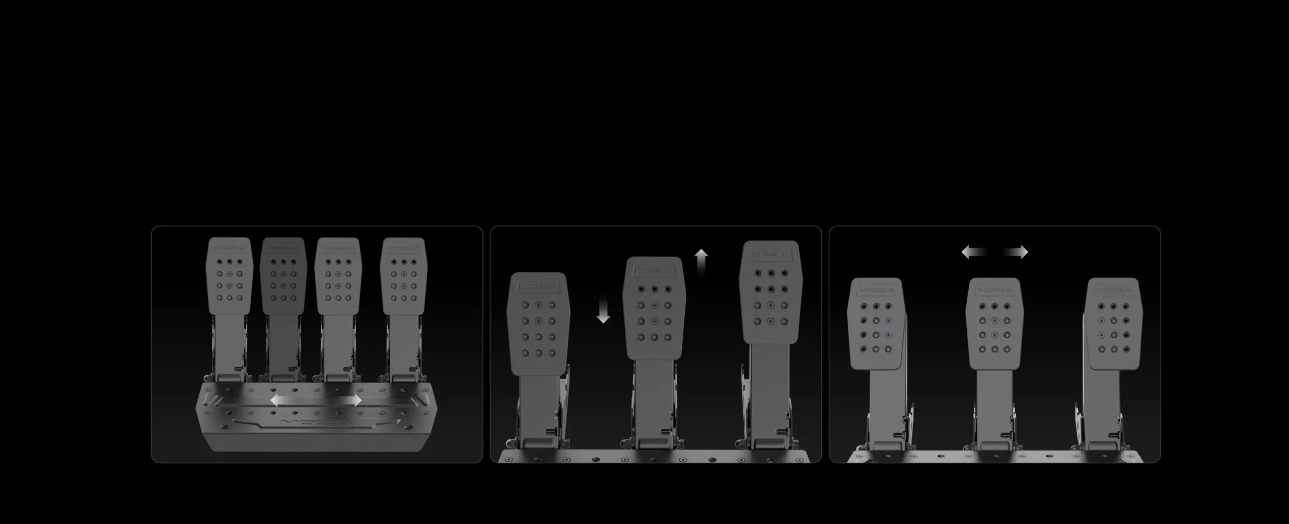 Schemat możliwości regulacji pedałów MOZA: zmiana rozstawu modułów, wysokości oraz kąta nakładek