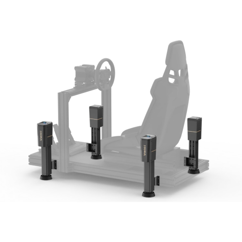 System ruchu MOZA Racing HMA-150 z czterema aktywnymi siłownikami zamontowanymi do aluminiowego kokpitu symulatora wyścigowego – widok od tyłu.