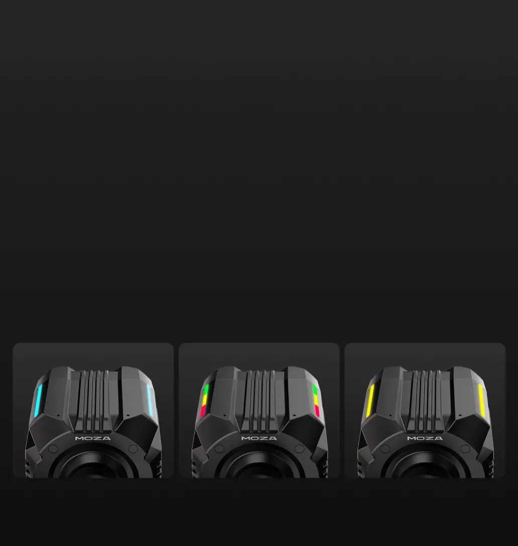 Trzy warianty kolorystyczne podświetlenia pasów RGB LED obudowy bazy MOZA R16 Ultra
