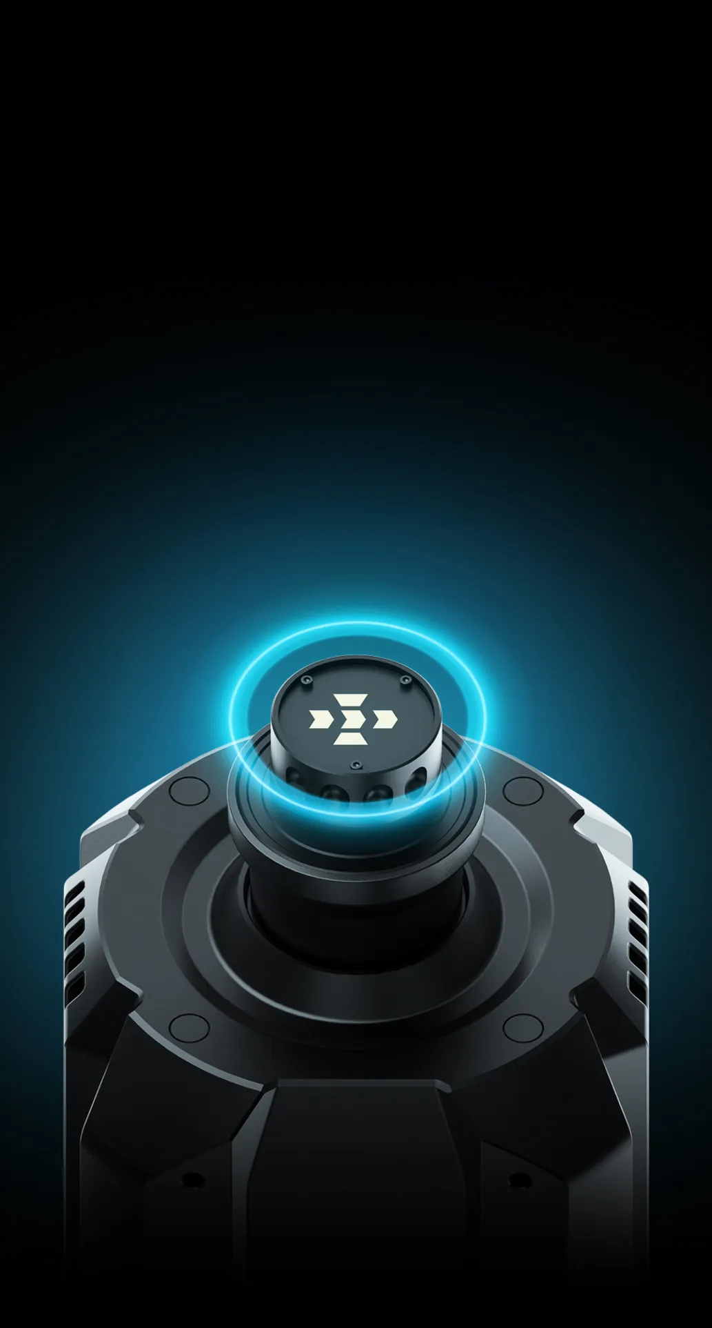Mechanizm Quick Release w bazie MOZA R16 Ultra z podświetlonym na niebiesko pierścieniem styków