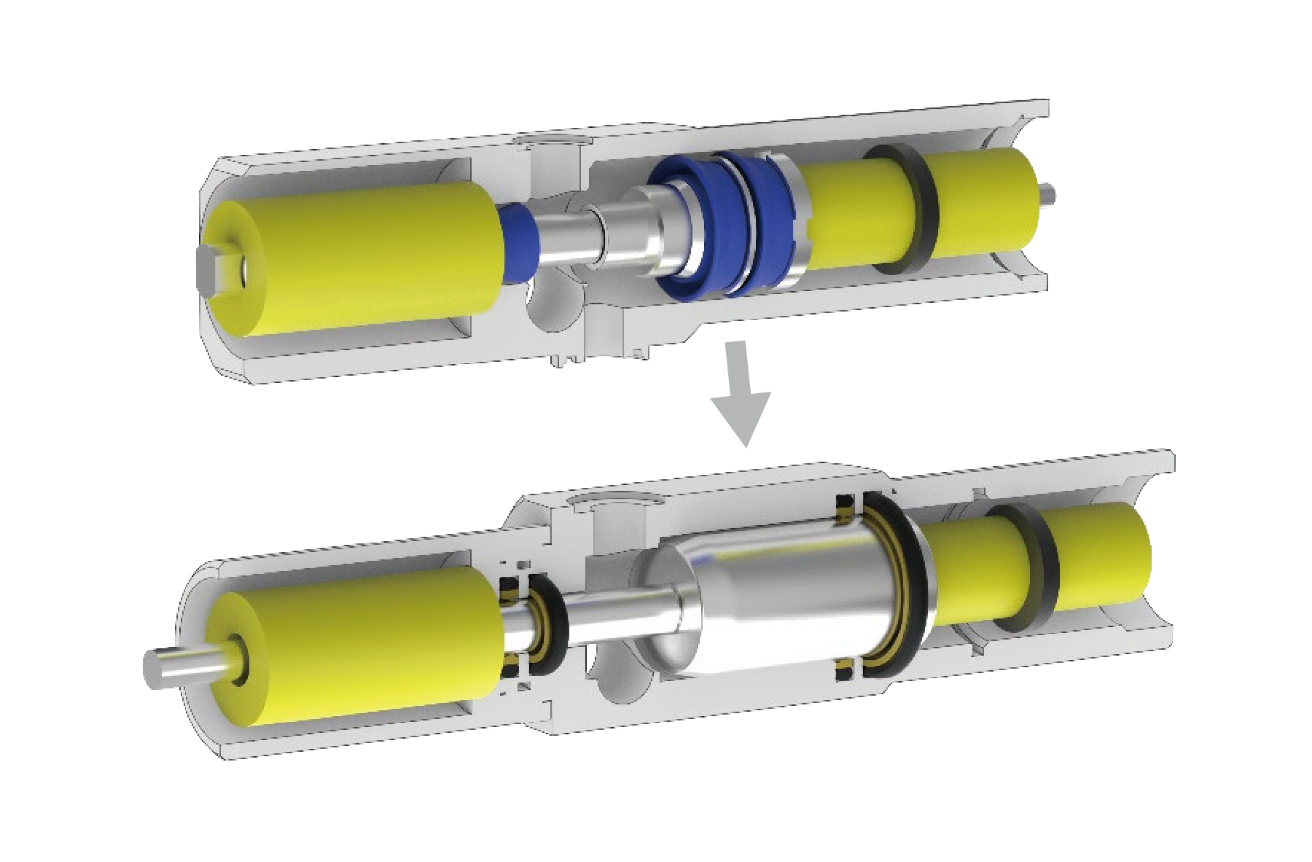 Schemat przekroju siłownika hydraulicznego w pedałach Conspit CPP EVO V2