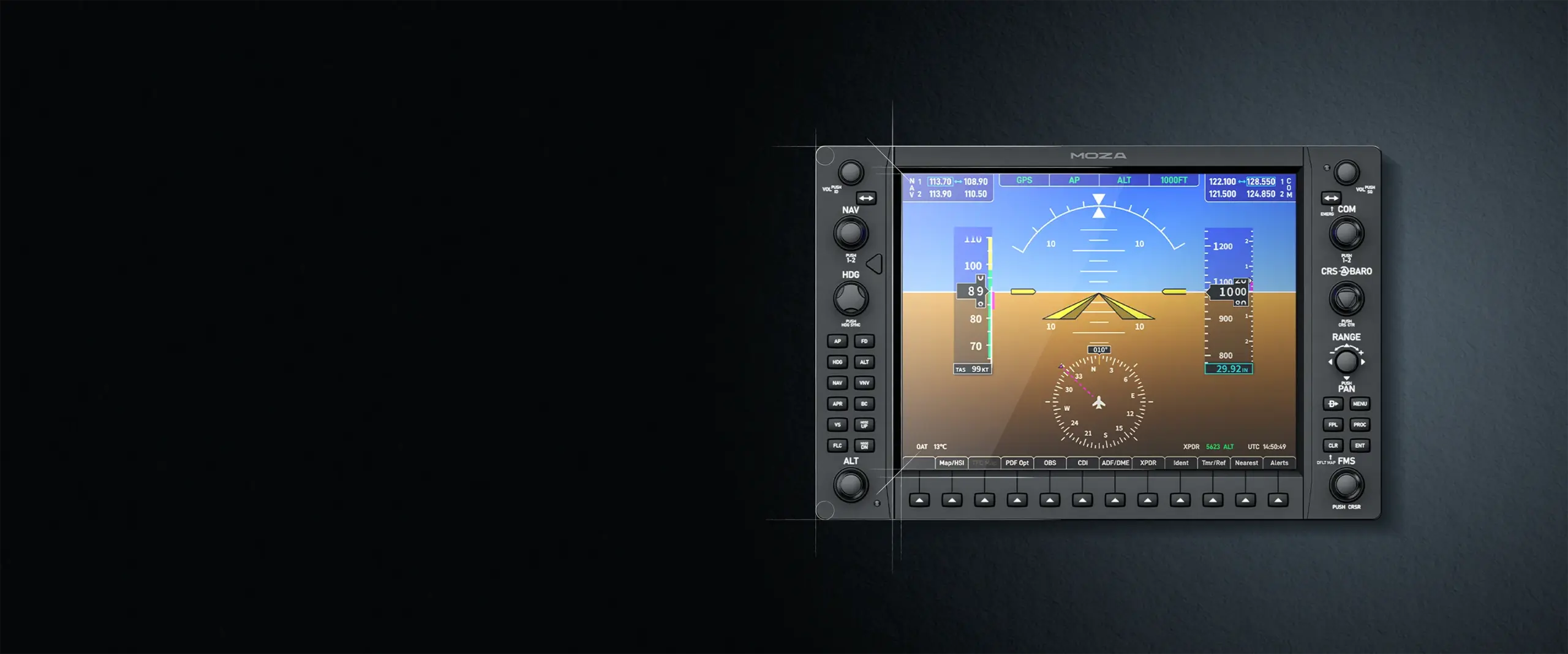 Przedni panel awioniki Moza MGX1000 z oznaczeniem wymiarów i proporcji wzorowanych na Garmin G1000