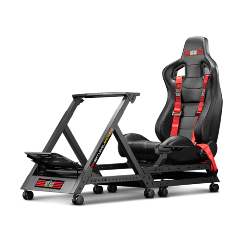 Czarny kokpit wyścigowy Next Level Racing GTtrack z fotelem kubełkowym, czerwonymi pasami bezpieczeństwa i kółkami z blokadą