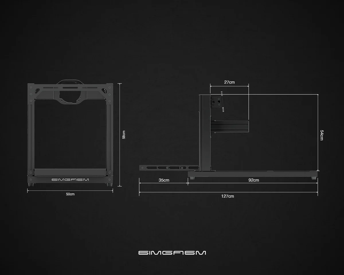 Rysunek techniczny z wymiarami kokpitu Simgasm Hobby – szerokość 50 cm, wysokość 58 cm, długość całkowita 127 cm oraz wysokość kolumny 54 cm.