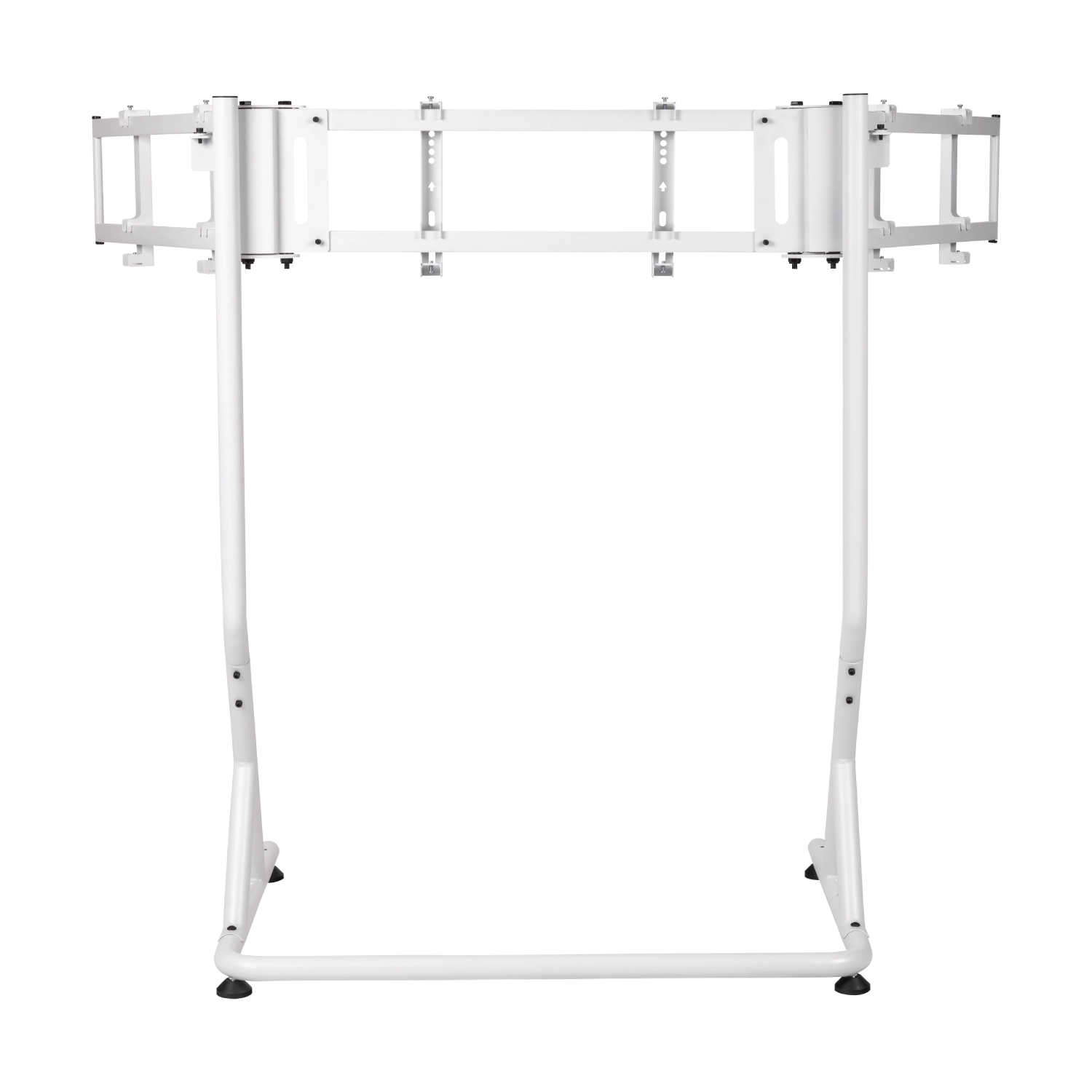Biały stojak na 3 monitory Thermaltake z ramionami bocznymi skierowanymi lekko do wewnątrz