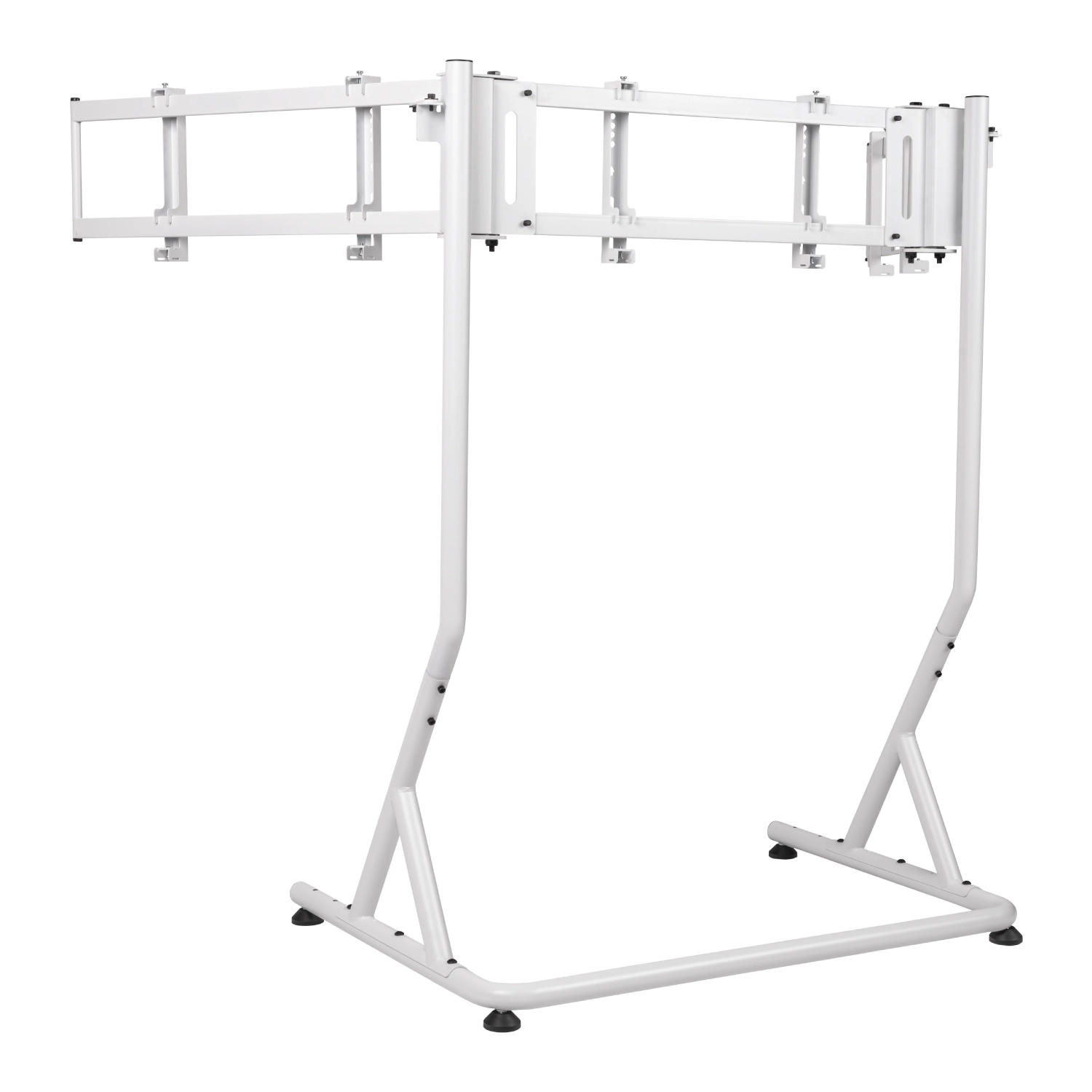 Perspektywa od tyłu na ramę i stabilną podstawę białego stojaka na potrójny monitor Thermaltake