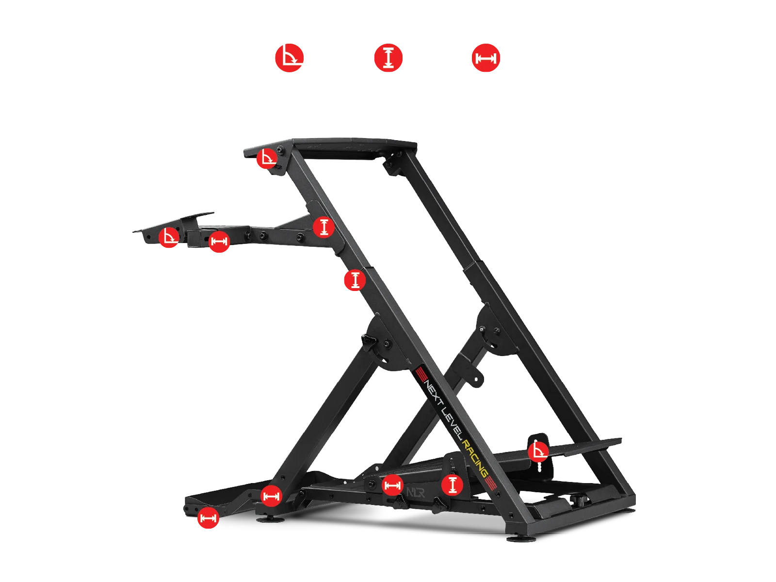 Schemat punktów regulacji stojaka Next Level Racing Wheel Stand 2.0