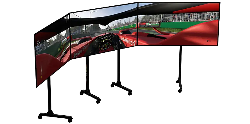 Trzy ekrany na stojaku Next Level Racing tworzą szerokie pole widzenia.