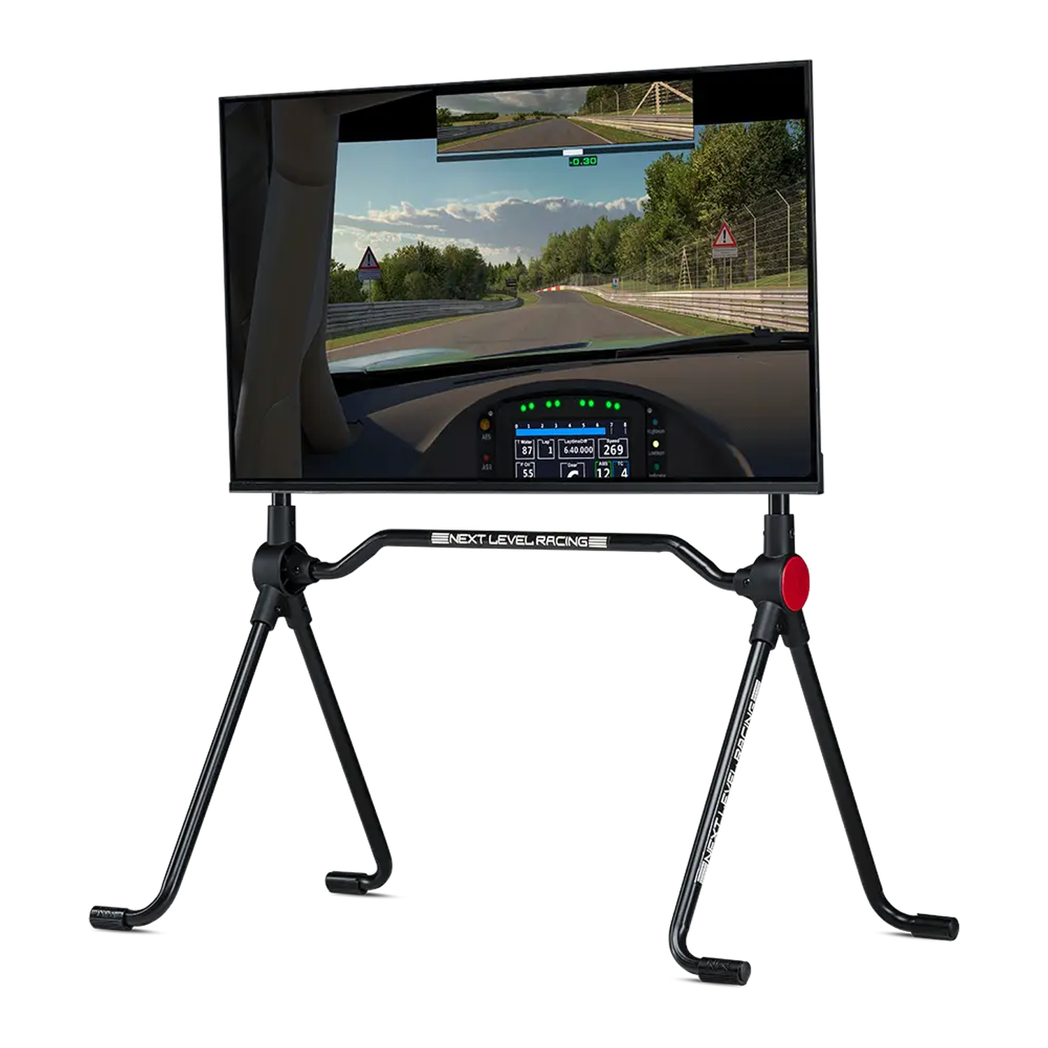 Stojak Next Level Racing Lite z przykładowym zamontowanym monitorem.