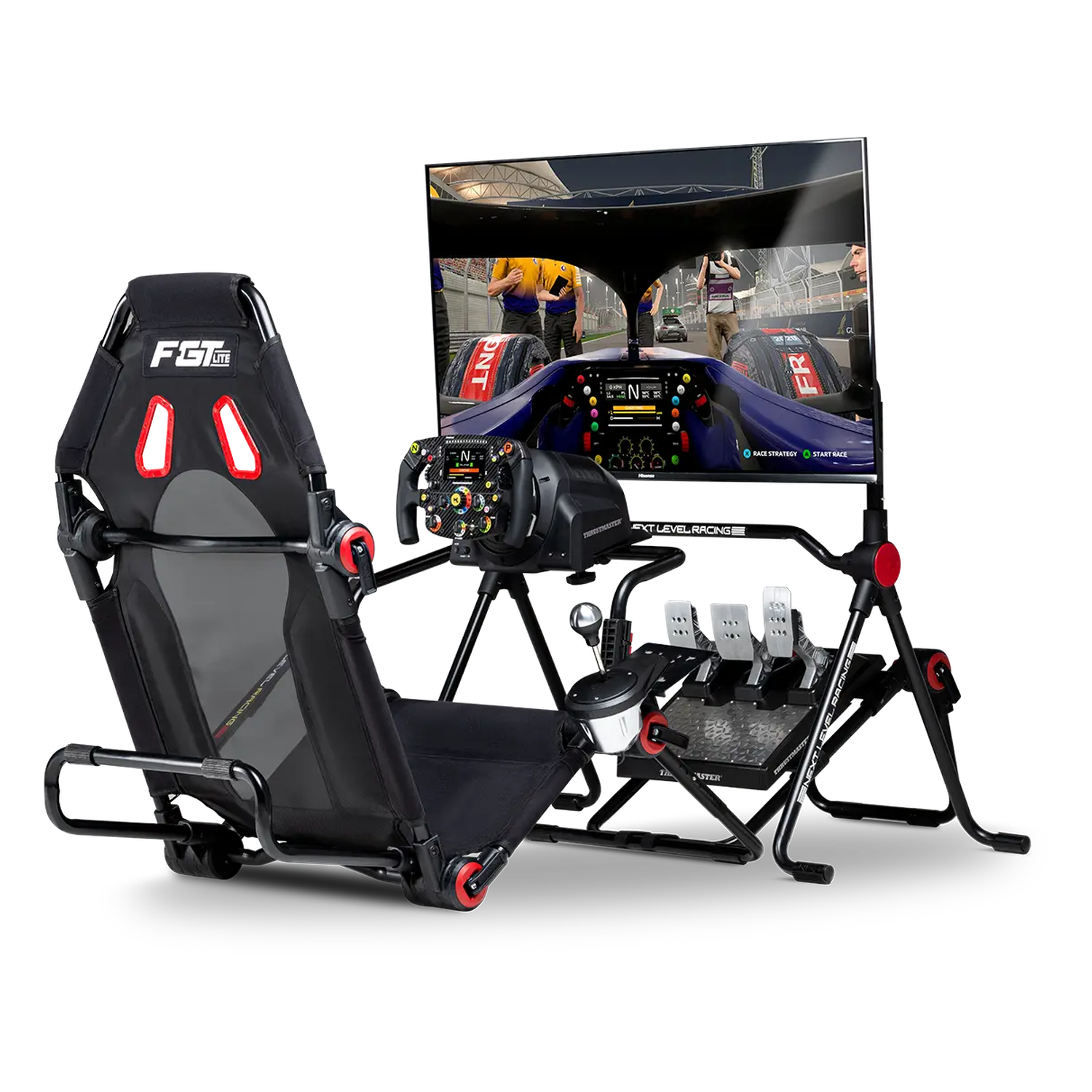 Wolnostojący stojak Lite ustawiony za kokpitem do simracingu.