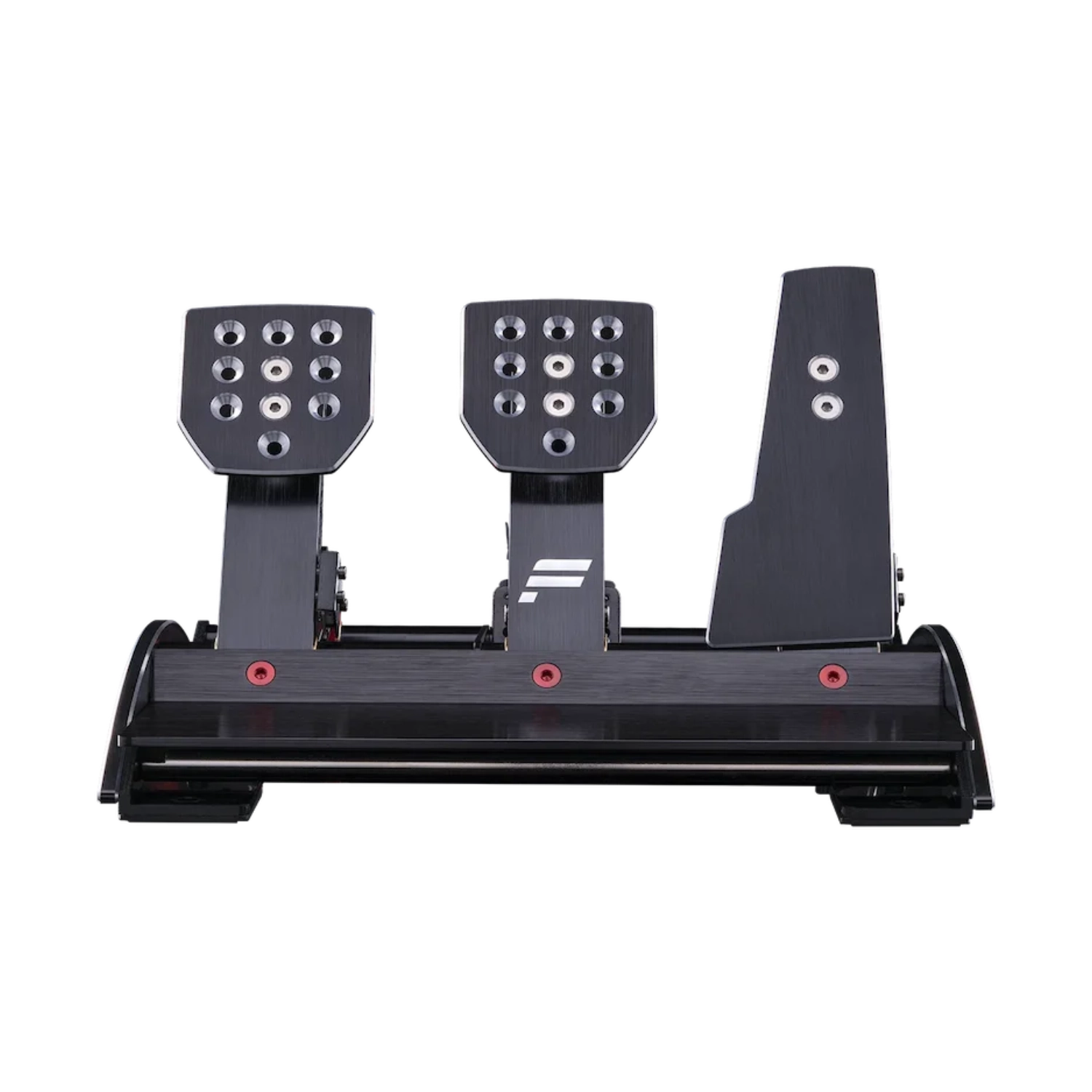 Fanatec ClubSport Pedals V3 od przodu z perforowanymi płytami sprzęgła, hamulca i gazu