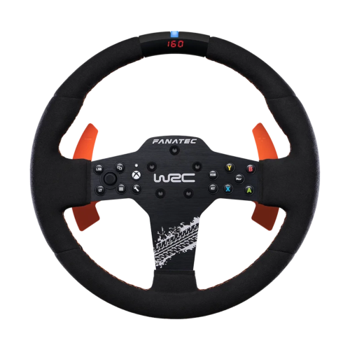 Kierownica rajdowa Fanatec CSL Elite WRC z Alcantarą i pomarańczowymi łopatkami
