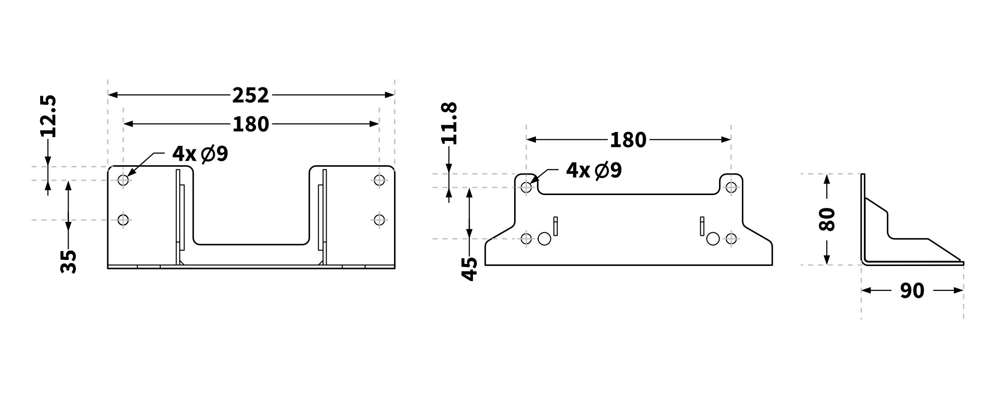 Schemat wymiarów uchwytu Qubic System QS-BT1 przeznaczonego do platformy QS-V20