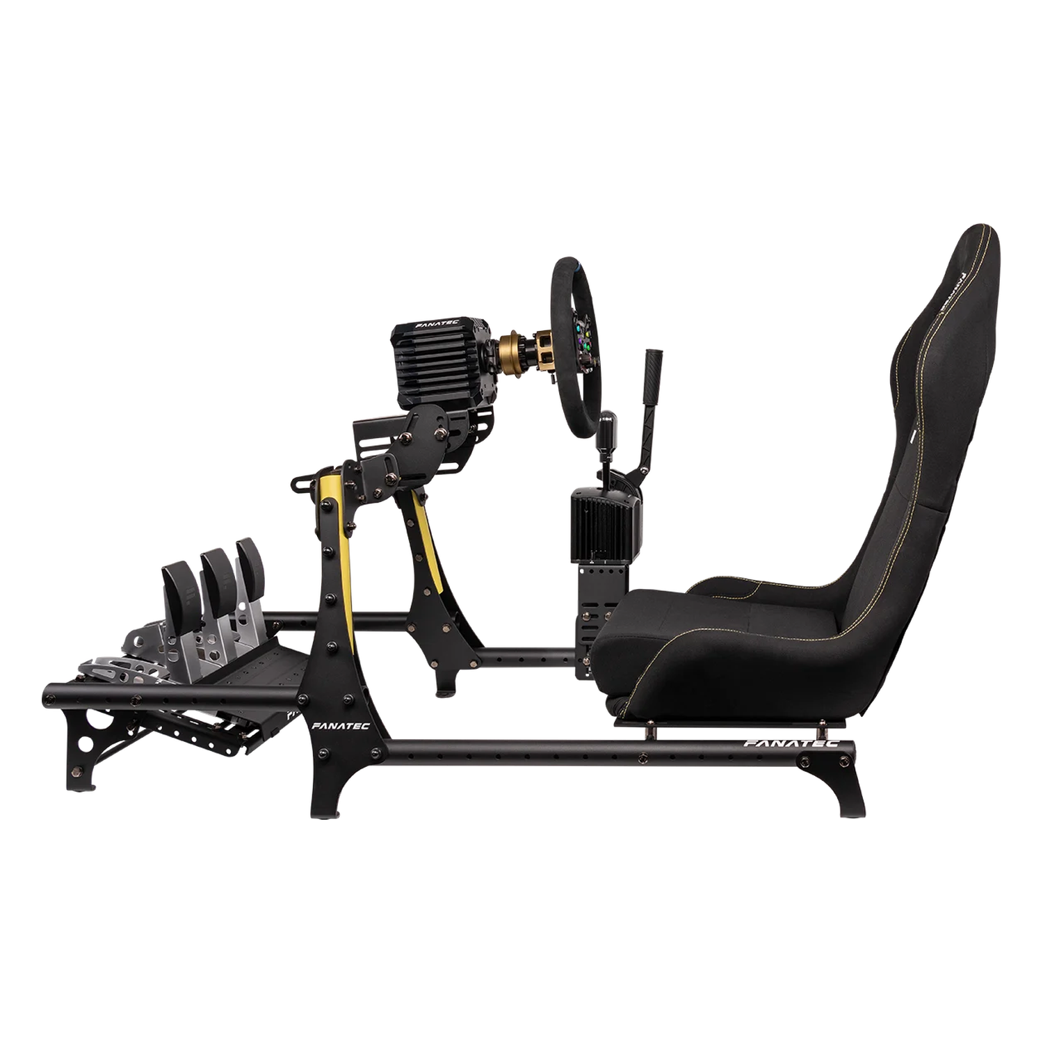 Kompletny kokpit Fanatec CSL V1.5 z fotelem i osprzętem – widok z boku