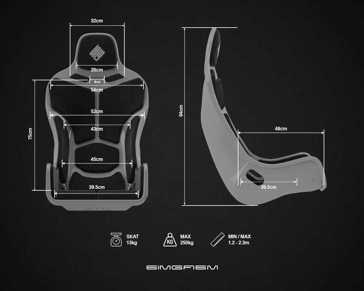 Wymiary karbonowego fotela simracingowego SimGasm Atlas Formula – widok z przodu i z boku