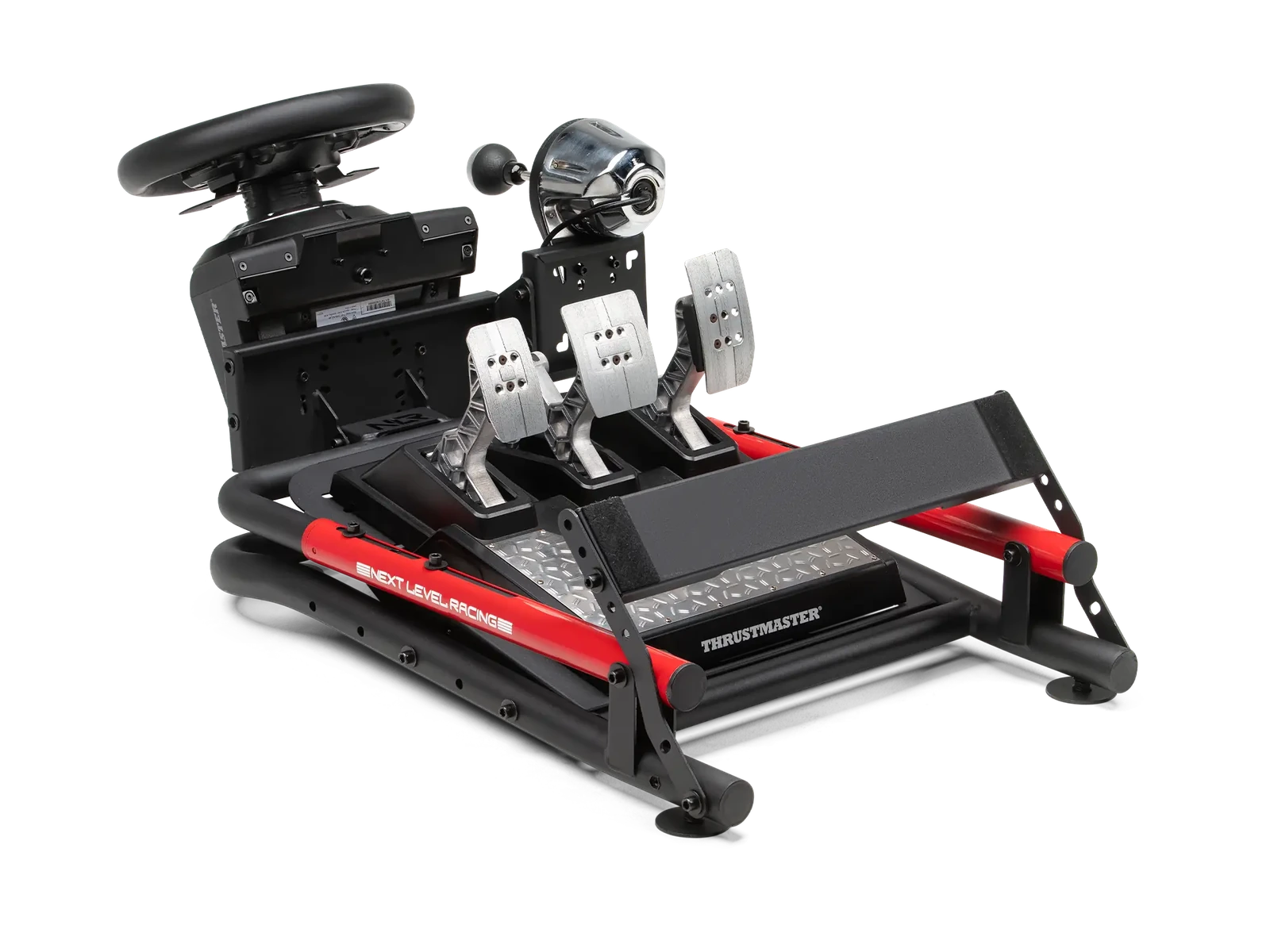 Złożony stojak Next Level Racing Lite 2.0 z zamontowanym przykładowym osprzętem.