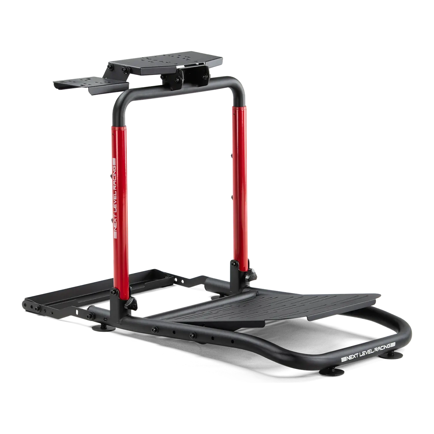 Stojak Next Level Racing Wheel Stand Lite 2.0 widziany z drugiej strony z płytą kierownicy i pedałów