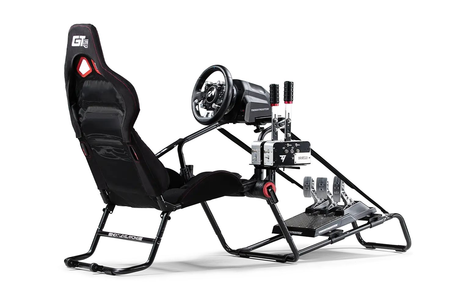 Shifter i hamulec ręczny zamontowane na uchwytach kokpitu GT Lite Pro
